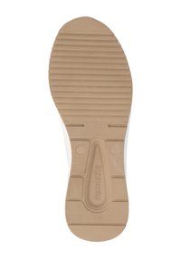 Suola di una sneaker bianca con base in gomma beige strutturata. Presenta scanalature orizzontali e diagonali per trazione e flessibilità.