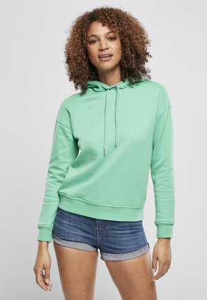 Mintgrön hoodie i mjukt tyg, med snodd i huvan, ribbade ärmslut och en avslappnad passform, kombinerad med denimshorts.