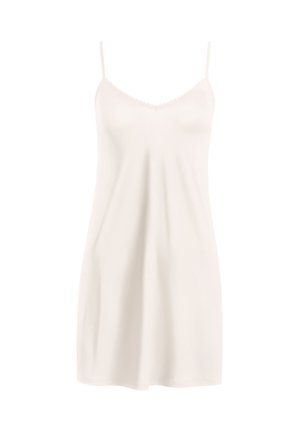 Weißes Seiden-Nachtkleid mit Spaghettiträgern, V-Ausschnitt und gewelltem Spitzenrand entlang des Ausschnitts und Saums. Weiche, glatte Textur.