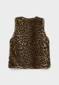 Weste im Leopardenmuster aus weichem Kunstfell, ärmelloses Design, mit einem beige und dunkelbraunen Muster und einem leicht geschwungenen Saum.