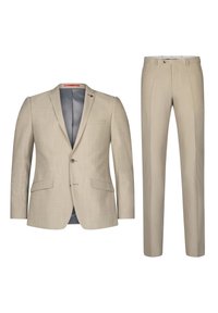 Beiges Anzugset mit einem einreihigen Blazer, der über zwei Vordertaschen verfügt, und passenden geraden Hosen mit dezenter Textur und minimalistischen Details.