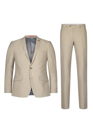 Beiges Anzugset mit einem einreihigen Blazer, der über zwei Vordertaschen verfügt, und passenden geraden Hosen mit dezenter Textur und minimalistischen Details.