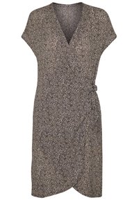 Robe portefeuille à imprimé léopard avec des manches courtes, décolleté en V et un détail noué à la taille ; fabriquée en tissu léger avec une texture lisse.