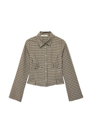 Brown and white plaid long-sleeve cropped button-up shirt with collar and gathered detailing under the bust.