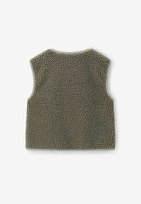 Fleece-Weste in Olivgrün, ärmelloses Design mit einer weichen, strukturierten Oberfläche. Kanten mit einem kontrastierenden Stoff für Verstärkung eingefasst.