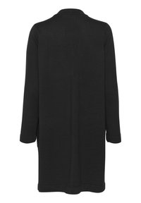 Svart långärmad cardigan, löst sittande, tillverkad av textil med struktur, med rund halsringning och vikta manschetter. Inga synliga knäppningar eller mönster.