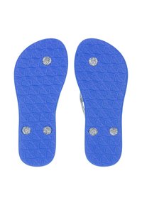 Blå gummiflip-flop-sulor med texturerat mönster, utrustade med två metalliska silvernitter på varje sula för extra detaljer och grepp.