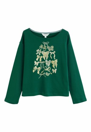 Chemise vert foncé à manches longues avec un col rond et des nœuds dorés disposés en forme de sapin de Noël sur le devant.