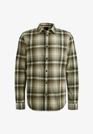Zielona i żółta koszula w kratę z długimi rękawami, zapinana na guziki z zaokrąglonym dołem i subtelnym logo na piersi. Wykonana z teksturowanej tkaniny.