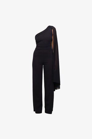 Schwarzer Jumpsuit mit asymmetrischem Ein-Schulter-Design, einem transparenten, drapierten Umhang und einer figurschmeichelnden Silhouette mit weit geschnittenen Beinen.