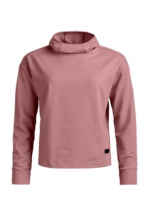Pullover mit langen Ärmeln in staubigem Rosa, hoher, locker fallender Funnel-Kragen und kleinem schwarzem Etikett an der unteren Vorderseite links.