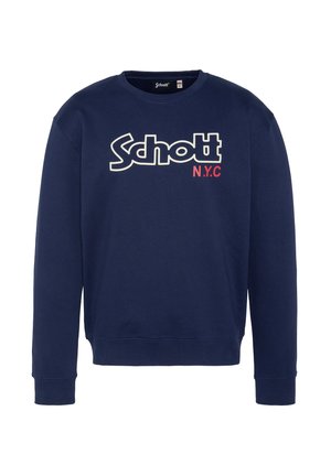 Marineblå sweatshirt med ribstrikkede manchetter og kant, "Schott" logo i hvide konturerede bogstaver og "N.Y.C" tekst i rødt på brystet.