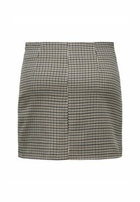 Jupe en tissu à carreaux noir et beige avec un design ajusté, présentant une taille haute et une coupe slim. Longueur courte sans fermetures visibles.