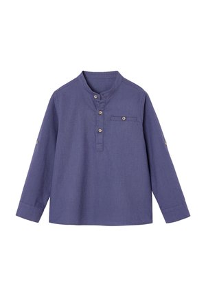 Long-sleeve, purple shirt with a band collar, three-button placket, and a chest pocket. Made of textured fabric with roll-up sleeves.