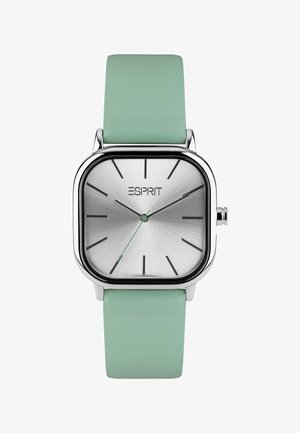 Vierkant zilverkleurig uurwerk met zwarte uurmarkeringen, groene secondenwijzer en muntgroene leren band. Merkennaam Esprit op de wijzerplaat.