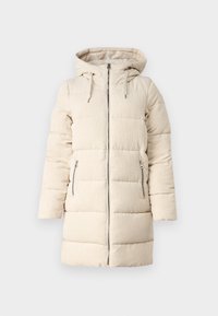 Beige pufferjakke lavet af quiltet kordfløjl, med hætte, lynlås foran og to lynlåslommer i siderne.