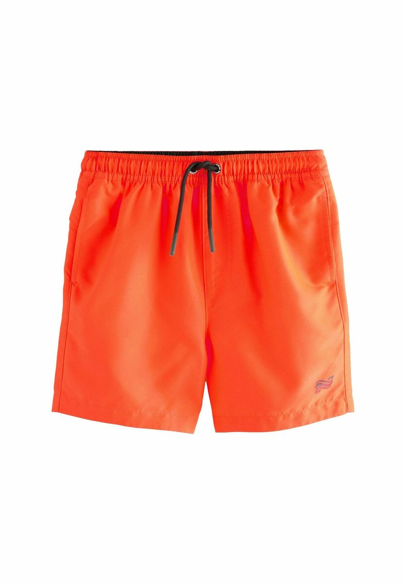 Costumi da bagno arancioni brillanti con vita elasticizzata, cordoncino nero regolabile, tasche laterali e un piccolo logo sul lato sinistro in basso.