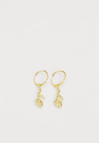 Boucles d'oreilles en or avec un design texturé de feuille et de tige, présentant un anneau torsadé et une forme délicate inspirée de la nature.