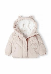 Light pink puffer jacket with bear ears on the hood, featuring a zip front, two snap-button pockets, and a soft white lining.