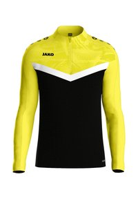 Maglietta sportiva a maniche lunghe con corpo nero, maniche e parte superiore gialle, design a chevron bianco e una cerniera corta. Logo del marchio sul fronte.