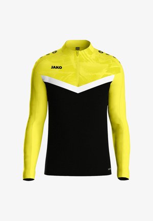 Long-sleeve athletic top featuring a black body with yellow sleeves and upper section, white chevron design, and a short zipper. Brand logo on front.