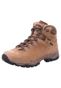 Brown leather hiking boot with a textured finish, metal eyelets, and a padded collar. Durable rubber sole for traction. Waterproof design.