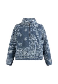 Bl�å fleece-pullover med højt krave, halv-zip front og blomster mønstre. Blød tekstur, elastisk kant og manchetter.