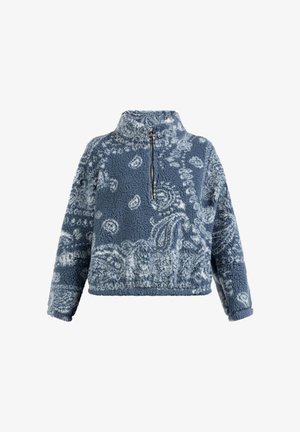 Blaues Fleece-Pullover mit hohem Kragen, halbem Reißverschluss vorne und Blumenmustern. Weiche Textur, elastischer Saum und Bündchen.