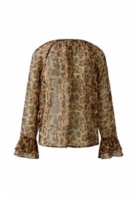 Transparante blouse met een bruine en tan luipaardprint, met lange mouwen, uitlopende manchetten en een gerimpelde halslijn voor een ontspannen pasvorm.