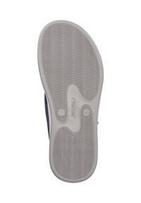 Semelle extérieure en caoutchouc gris avec motif en vagues, arborant un logo en relief et la taille numéro 41, fixée à un dessus en textile bleu marin.