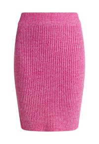 Gebreide roze minirok met een geribbeld textuur en een aansluitend ontwerp, voorzien van een brede elastische tailleband voor extra comfort.