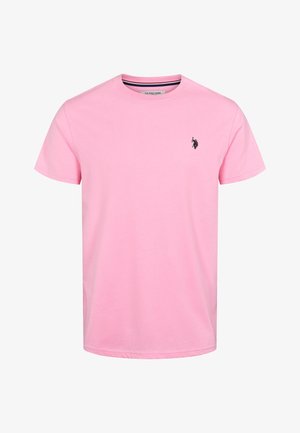 Moška roza majica s kratkimi rokavi in okroglim izrezom, na levi strani prsnega koša majhen črn logotip polo igralca.