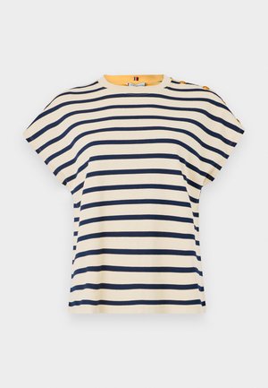 Csíkozott, rövidujjú póló tejszínszínű és tengerészkék 100% pamutból, kerek nyakkivágással és dekoratív arany gombokkal a vállon.