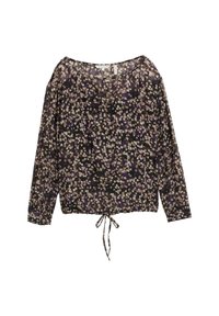 Langärmlige Bluse aus transparentem schwarzem Stoff mit einem mehrfarbigen abstrakten Muster. Verfügt über einen Rundhalsausschnitt und einen verstellbaren Krawattenverschluss am Saum.