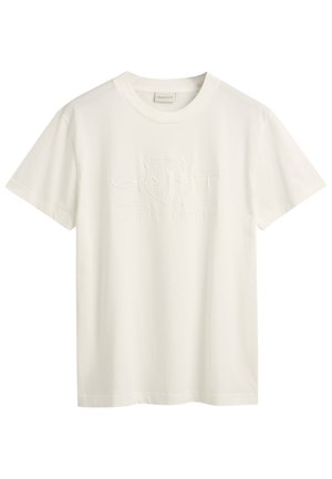 Weißes Baumwoll-T-Shirt mit kurzen Ärmeln, Rundhalsausschnitt und geprägtem "GANT 1949 AMERICAN SPORTWEAR"-Logo auf der Brust. Weiche Textur.