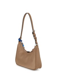 Pruun nahast käekott sileda kujuga, millel on kõver tõmbluki ülaosa, reguleeritav rihm ja tõmblukule kinnitatud dekoratiivsed helmeste.