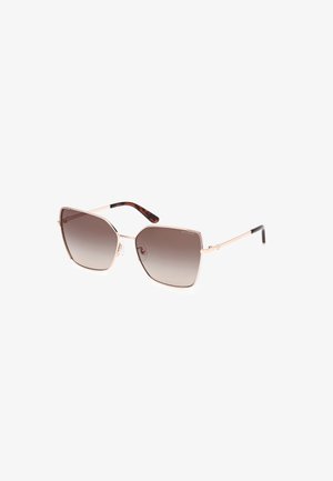 Occhiali da sole con una montatura in oro rosa metallico, forma angolare, lenti grigie sfumate e dettagli in tartaruga sulle aste.