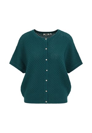 Cardigan en maille à manches courtes de couleur bleu sarcelle avec un motif texturé, un col rond, des bordures côtelées et une fermeture avant à huit boutons argentés.