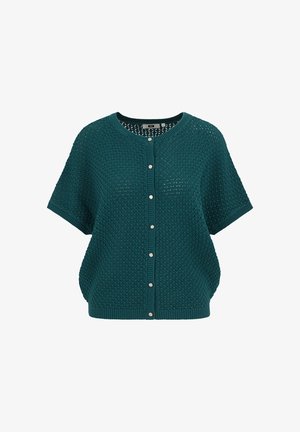 Turkooise gebreide cardigan met korte mouwen, een gestructureerd patroon, ronde halslijn, geribbelde randen en een sluiting aan de voorkant met acht zilveren knopen.