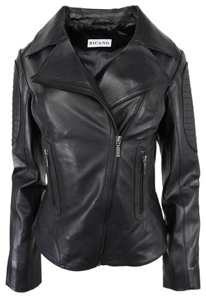 Schwarze Leder-Motorradjacke mit eingekerbtem Kragen, Reißverschluss und gesteppten Schulterakzenten. Verfügt über zwei vordere Reißverschlusstaschen.