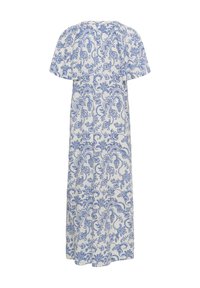 Robe midi blanche avec motif floral cachemire bleu complexe et manches courtes bouffantes, présentée sur un fond blanc uni.