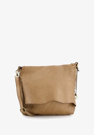 Leather messenger bag in light tan, featuring rivet accents along the top edge and a curved bottom seam. Includes an adjustable strap.