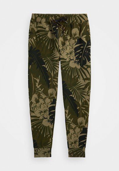 Joggers ajustados en verde oliva con estampado floral tropical en negro. Presentan una cintura elástica con cordón y puños acanalados.