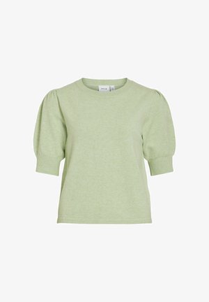 Lichtgroen gebreid topje met korte mouwen, pofmouwen en geribbelde boorden, ronde hals en een comfortabele pasvorm.