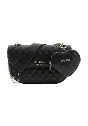 Sac à main noir matelassé avec des accents dorés, comprenant une pochette amovible en forme de cœur et une bandoulière. Logo affiché de manière bien visible.