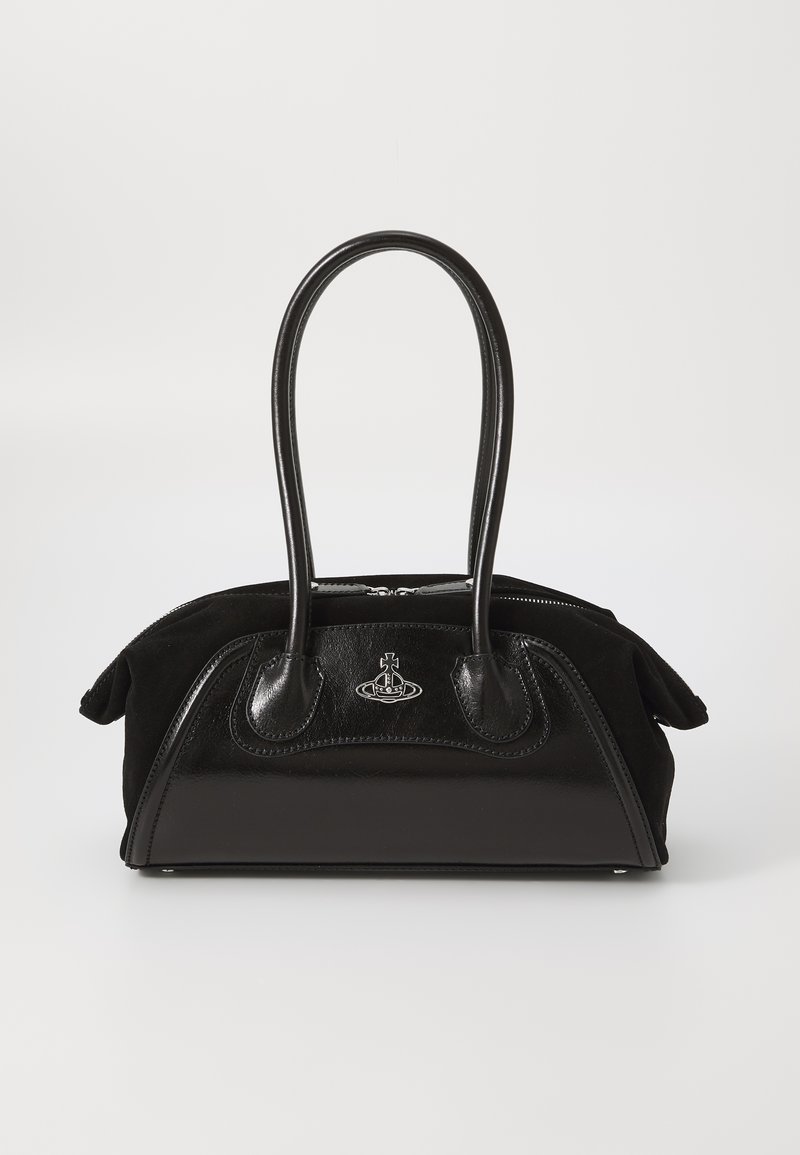 Black handbag with two long rounded handles, silver logo emblem on front, and structured suede and leather design.