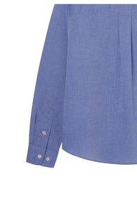 Camisa de manga larga azul clara con puños abotonados, corte entallado y textura suave. Presenta un respaldo con pliegues y detalles de costura sutiles.