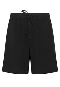 Shorts en coton noir avec une taille élastique, cordon de serrage et deux poches latérales. Présente une coupe décontractée et une texture lisse.