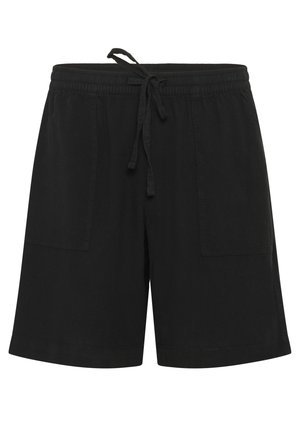 Black cotton shorts with an elastic waistband, drawstring, and two side pockets. Features a relaxed fit and a smooth texture.