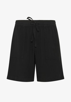 Black cotton shorts with an elastic waistband, drawstring, and two side pockets. Features a relaxed fit and a smooth texture.